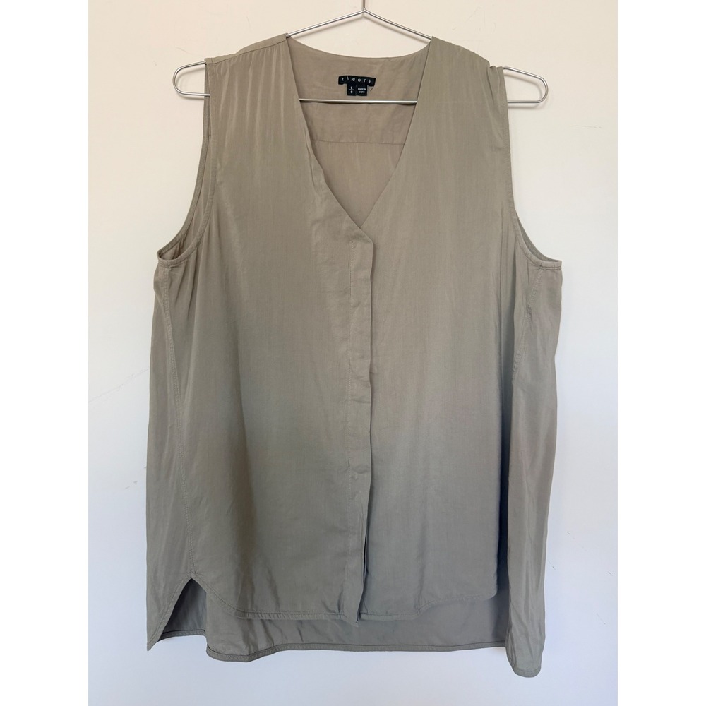 Theory Womens Sleeveless V-Neck Blouse Olive Green Viscose Cotton Size L
